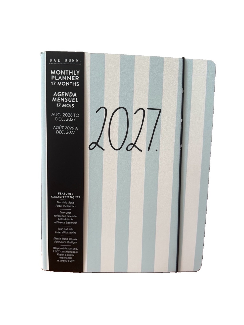 Rae Dunn 2027 PLANNER Soft Cover Spiral 17 months Planner  Ivory 9x7” Blue strip